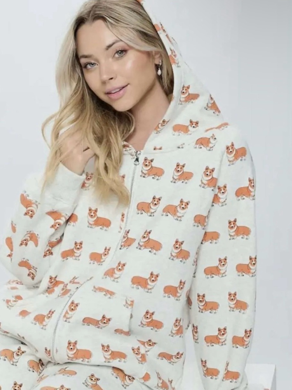 NWT SM Wardrobe New York Corgi Print Lounge Set Cream Hoodie & Joggers 2pc Large